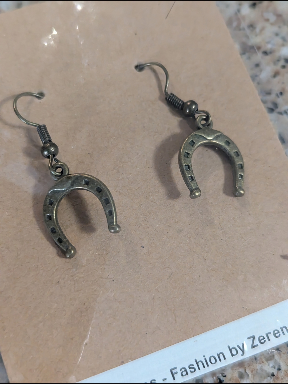 Horseshoe Drop Earrings - Antique Brass Tone